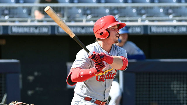 PEORIA, AZ - OCTOBER 14: Nolan Gorman #16 of the Glendale Desert Dogs hits the ball during the game between the Glendale Desert Dogs and the Peoria Javelinas at Peoria Sports Complex on Thursday, October 14, 2021 in Peoria, Arizona.