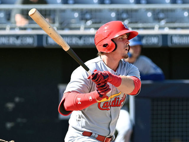 PEORIA, AZ - OCTOBER 14: Nolan Gorman #16 of the Glendale Desert Dogs hits the ball during the game between the Glendale Desert Dogs and the Peoria Javelinas at Peoria Sports Complex on Thursday, October 14, 2021 in Peoria, Arizona.
