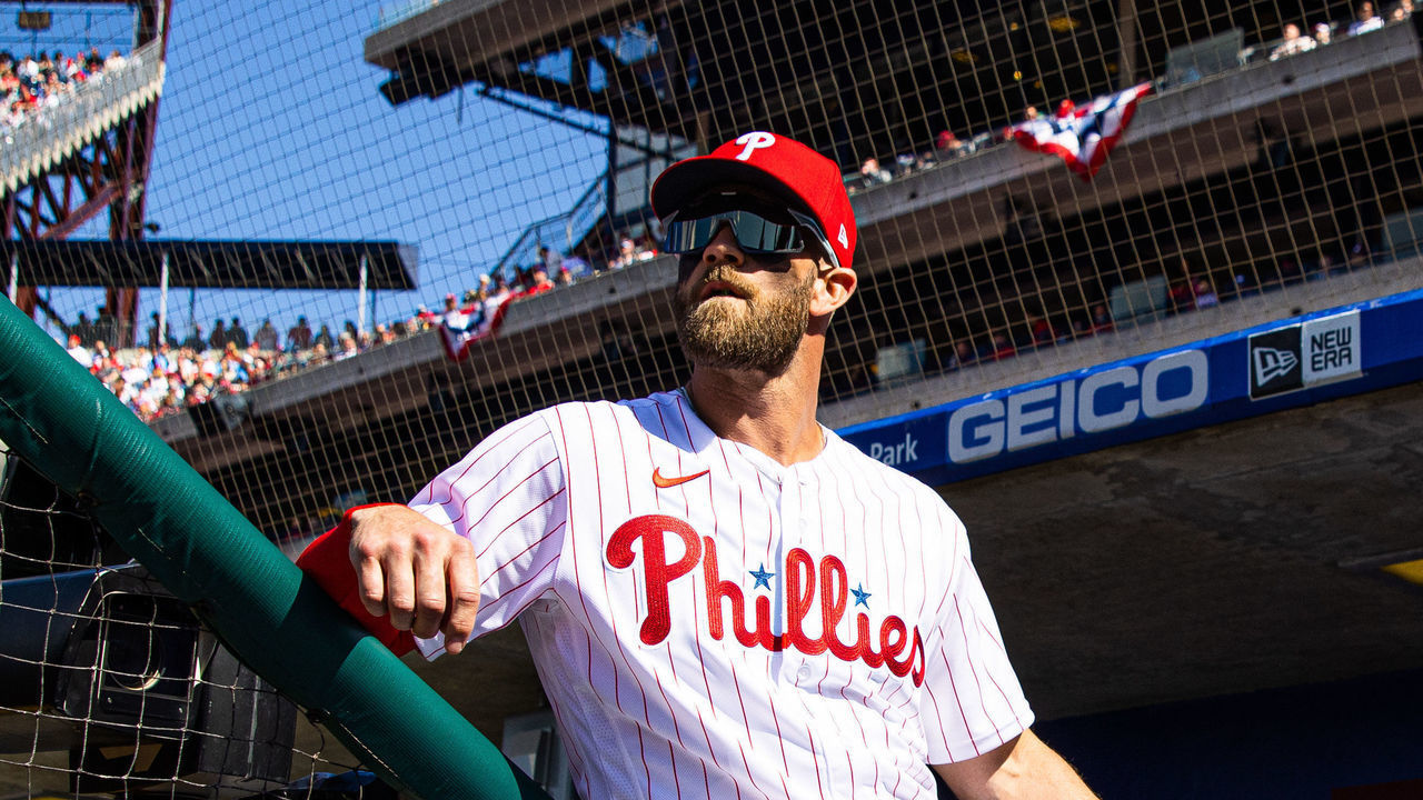 PHILADELPHIA, PA - APRIL 08: Bryce Harper #3 of the Philadelphia Phillies looks on from the dugout before the game between the Oakland Athletics and the Philadelphia Phillies at Citizens Bank Park on Friday, April 8, 2022 in Philadelphia, Pennsylvania.