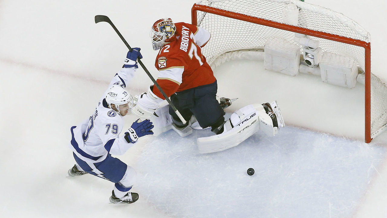 SUNRISE, FL - MAY 19: Ross Colton #79 of the Tampa Bay Lightning raises his stick after scoring the go ahead goal against Goaltender Sergei Bobrovsky #72 of the Florida Panthers in Game Two of the Second Round of the 2022 NHL Stanley Cup Playoffs at the FLA Live Arena on May 19, 2022 in Sunrise, Florida. The Lightning defeated the Panthers 2-1.