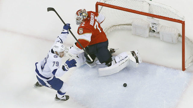 SUNRISE, FL - MAY 19: Ross Colton #79 of the Tampa Bay Lightning raises his stick after scoring the go ahead goal against Goaltender Sergei Bobrovsky #72 of the Florida Panthers in Game Two of the Second Round of the 2022 NHL Stanley Cup Playoffs at the FLA Live Arena on May 19, 2022 in Sunrise, Florida. The Lightning defeated the Panthers 2-1.