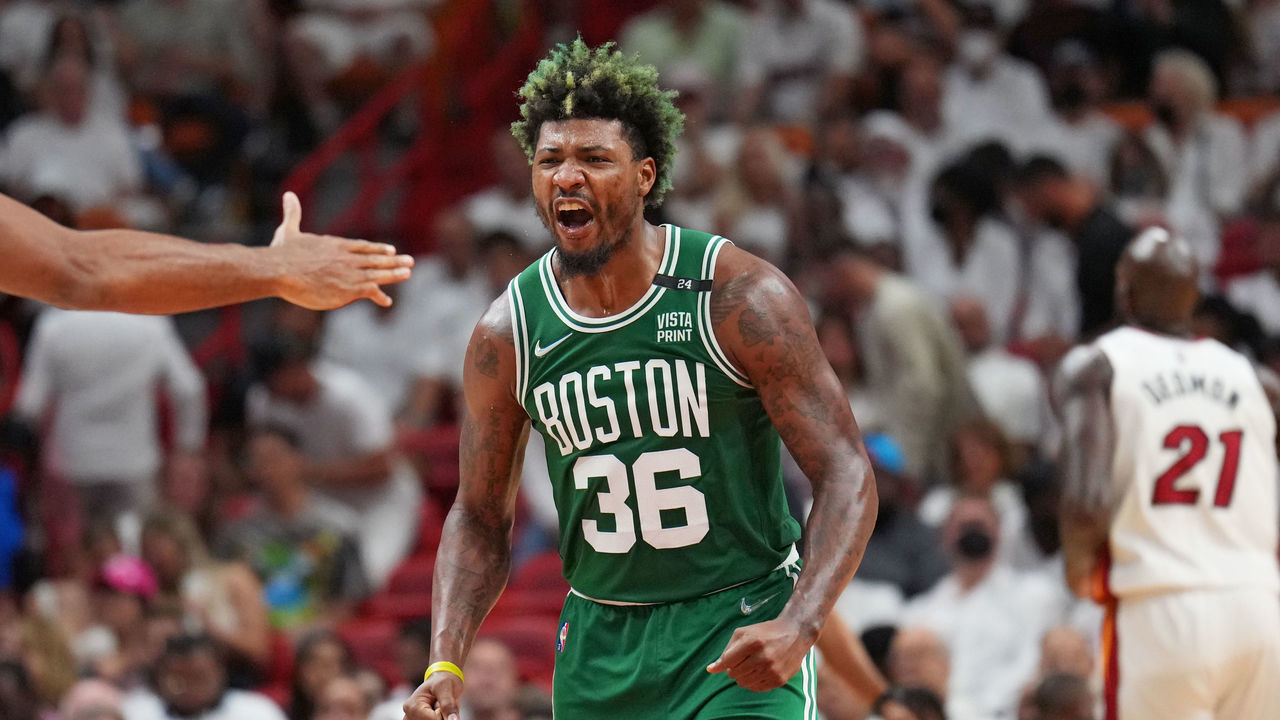 MIAMI, FL - MAY 19: Marcus Smart #36 of the Boston Celtics reacts during Game 2 of the 2022 NBA Playoffs Eastern Conference Finals on May 19, 2022 at The FTX Arena in Miami, Florida. NOTE TO USER: User expressly acknowledges and agrees that, by downloading and/or using this Photograph, user is consenting to the terms and conditions of the Getty Images License Agreement. Mandatory Copyright Notice: Copyright 2022 NBAE