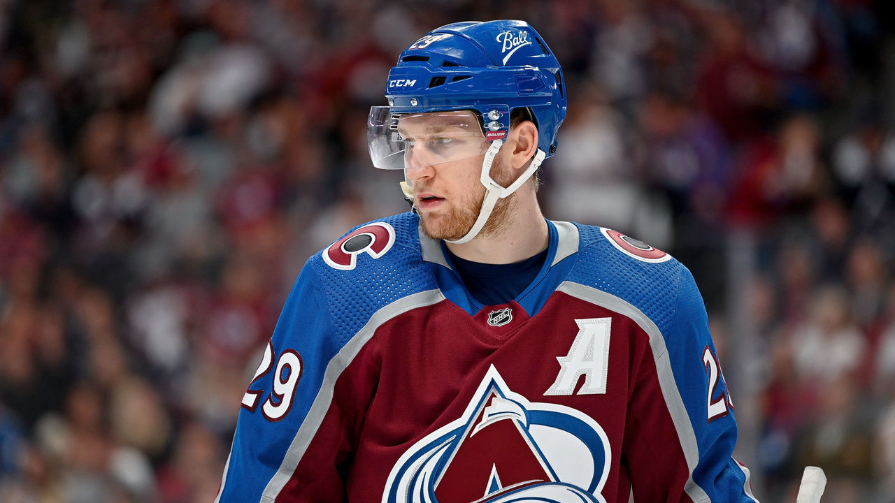 DENVER, CO - MAY 17: Colorado Avalanche center Nathan MacKinnon (29) looks on during a Stanley Cup Playoffs round 2 game between the St. Louis Blues and the Colorado Avalanche at Ball Arena in Denver, Colorado on May 17, 2022.