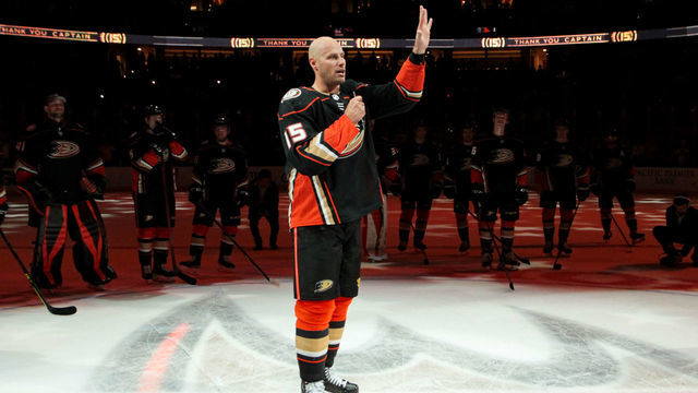 ANAHEIM, CA - APRIL 24: Ryan Getzlaf #15 of the Anaheim Ducks waves to fans after his last career NHL game after the game against the St. Louis Blues at Honda Center on April 24, 2022 in Anaheim, California.