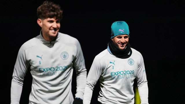 MANCHESTER, ENGLAND - DECEMBER 10: John Stones and Kyle Walker of Manchester City in action during a training session at Manchester City Football Academy on December 10, 2021 in Manchester, England.