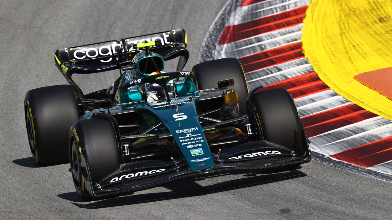 BARCELONA, SPAIN - MAY 20: Sebastian Vettel of Germany driving the (5) Aston Martin AMR22 Mercedes on track during practice ahead of the F1 Grand Prix of Spain at Circuit de Barcelona-Catalunya on May 20, 2022 in Barcelona, Spain.