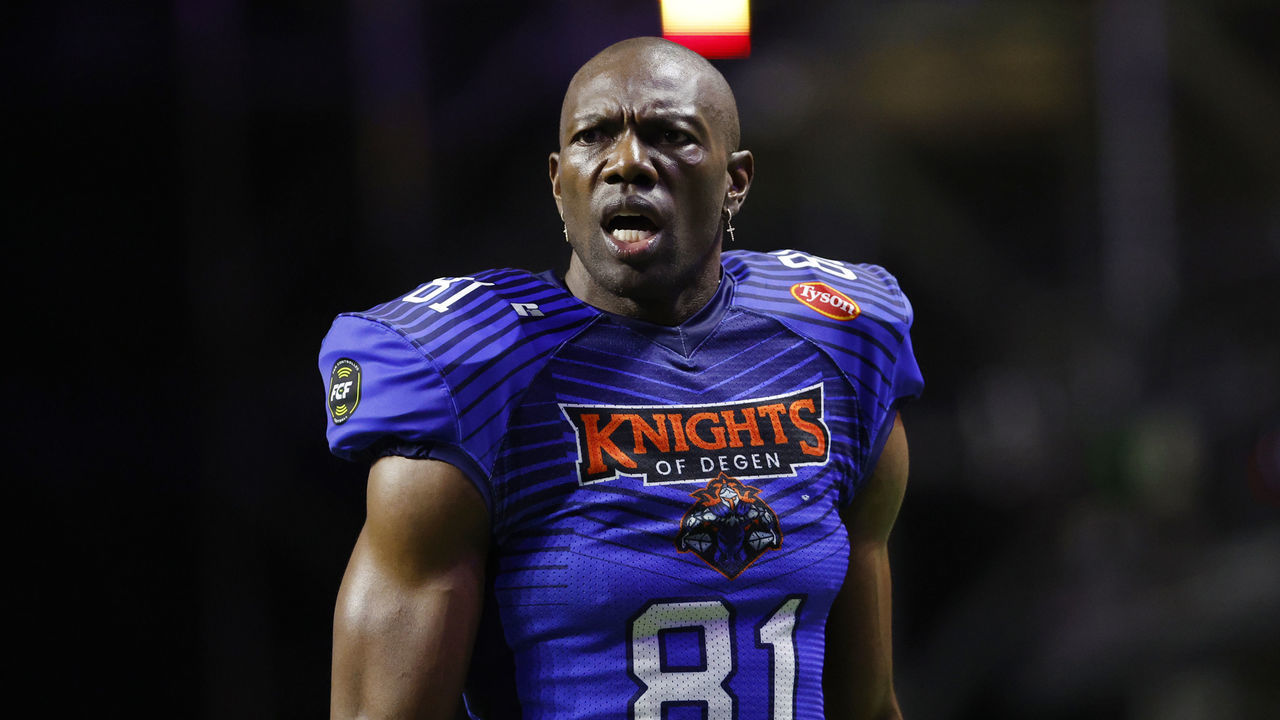 ATLANTA, GEORGIA - MAY 14: Terrell Owens #81 of the Knights of Degan reacts during the game against Bored Ape FC during Fan Controlled Football Season v2.0 - Week Five on May 14, 2022 in Atlanta, Georgia.