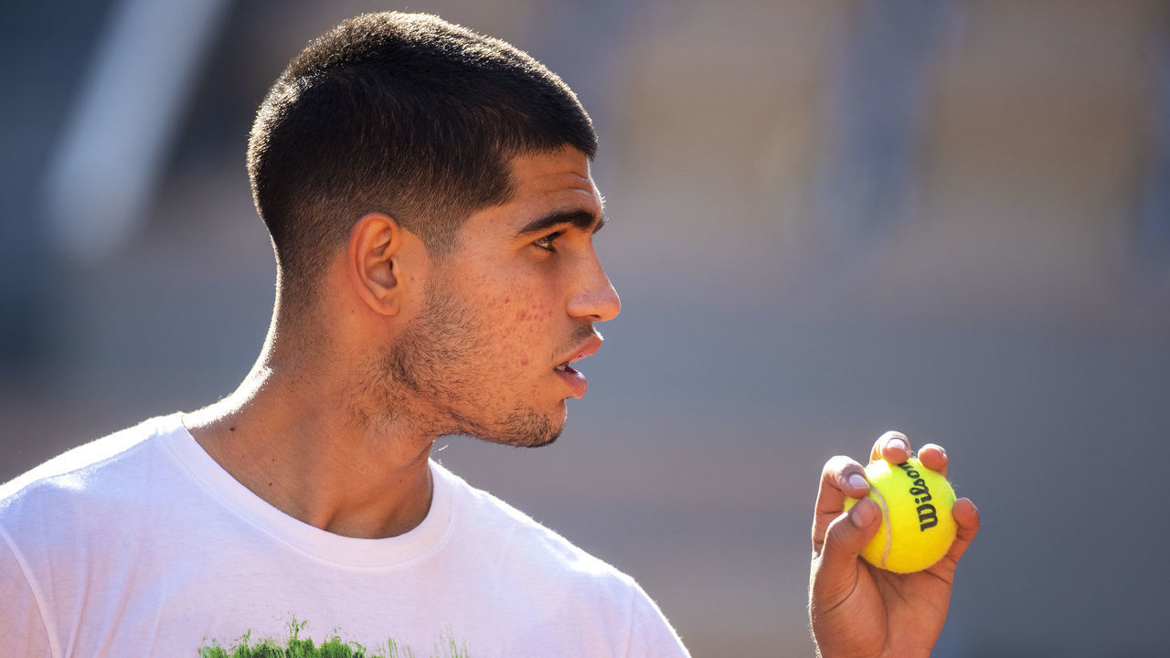 PARIS, FRANCE May 19. Carlos Alcaraz of Spain during training on Court Philippe Chatrier in preparation for the 2022 French Open Tennis Tournament at Roland Garros on May 19th 2022 in Paris, France.