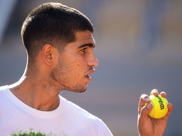 PARIS, FRANCE May 19. Carlos Alcaraz of Spain during training on Court Philippe Chatrier in preparation for the 2022 French Open Tennis Tournament at Roland Garros on May 19th 2022 in Paris, France.