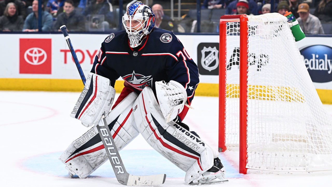 COLUMBUS, OH - JANUARY 27: Goaltender Joonas Korpisalo #70 of the Columbus Blue Jackets defends the net during the second period of a game against the New York Rangers at Nationwide Arena on January 27, 2022 in Columbus, Ohio.