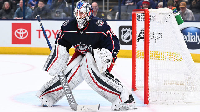COLUMBUS, OH - JANUARY 27: Goaltender Joonas Korpisalo #70 of the Columbus Blue Jackets defends the net during the second period of a game against the New York Rangers at Nationwide Arena on January 27, 2022 in Columbus, Ohio.