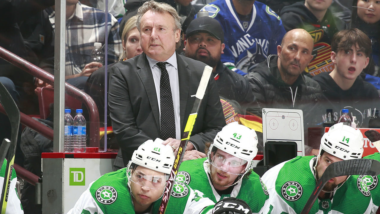 VANCOUVER, BC - APRIL 18: Head coach Rick Bowness of the Dallas Stars looks on from the bench during their NHL game against the Vancouver Canucks at Rogers Arena April 18, 2022 in Vancouver, British Columbia, Canada. "n