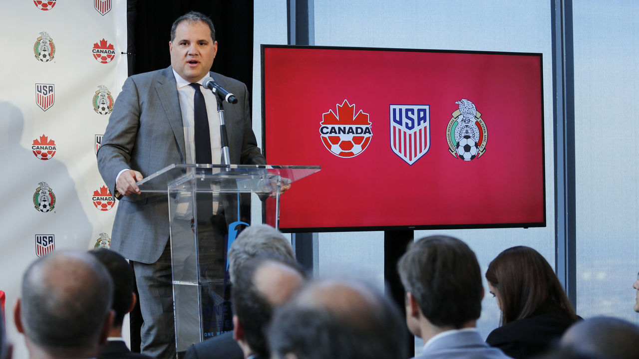 Victor Montagliani CONCACAF President speaks during a press conference announcing the next soccer 2026 World Cup in North America on April 10, 2017 at the One World Trade Center in New York. The United States, Mexico and Canada announced a joint bid to stage the 2026 World Cup on Monday, aiming to become the first three-way co-hosts in the history of FIFA's showpiece tournament. / AFP PHOTO / KENA BETANCUR