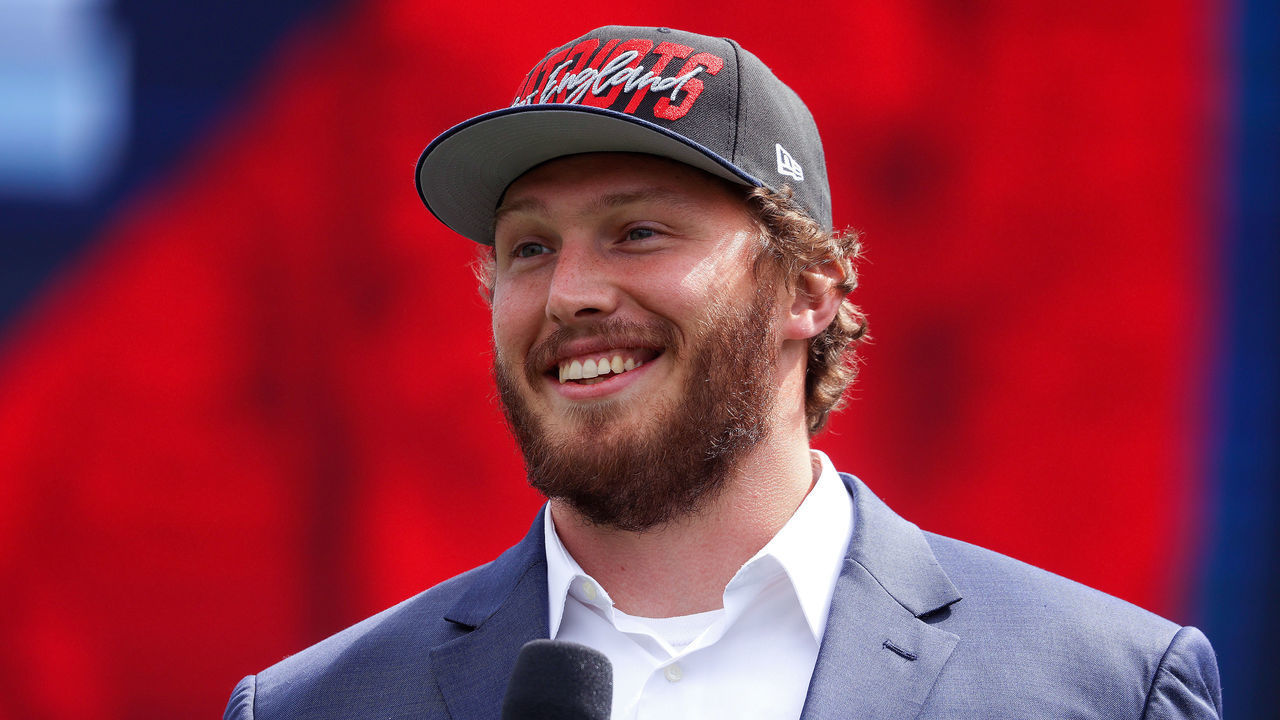 Foxborough, MA - April 29: New England Patriots first-round draft pick Cole Strange on the game field at Gillette Stadium in Foxborough, MA on April 29, 2022.