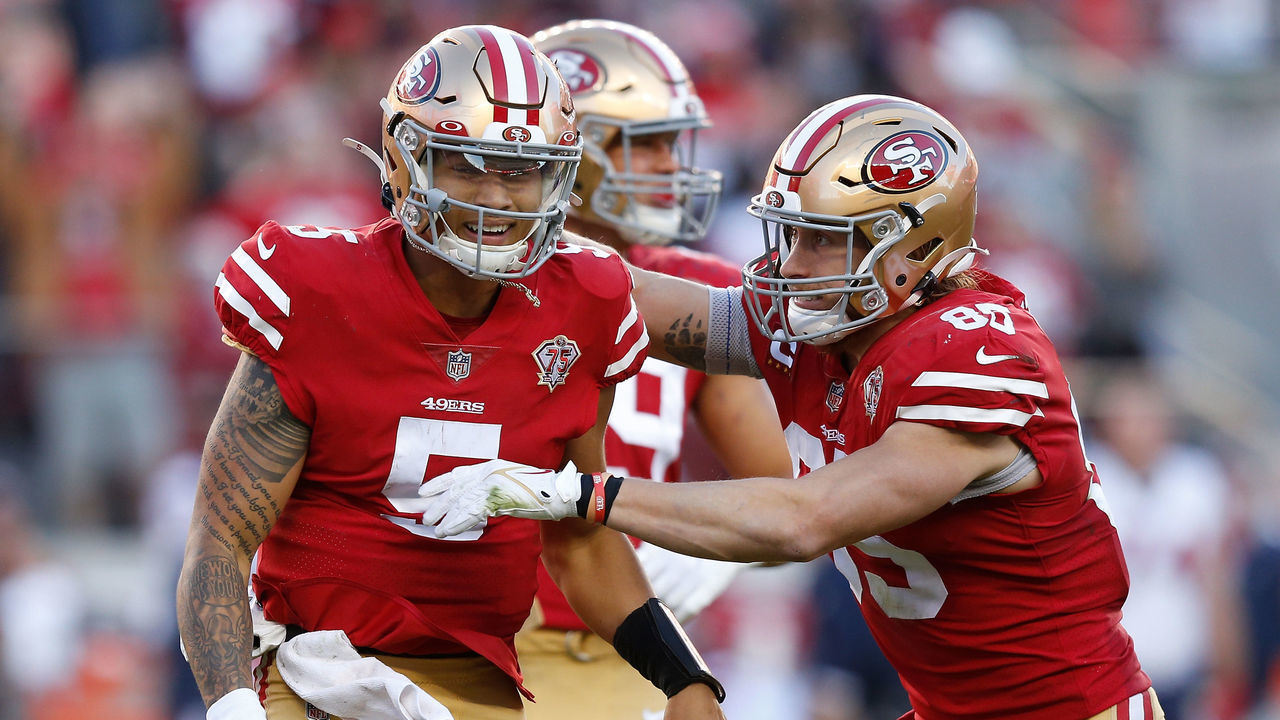 SANTA CLARA, CALIFORNIA - JANUARY 02: Trey Lance #5 of the San Francisco 49ers celebrates after throwing a touchdown in the fourth quarter against the Houston Texans at Levi's Stadium on January 02, 2022 in Santa Clara, California.