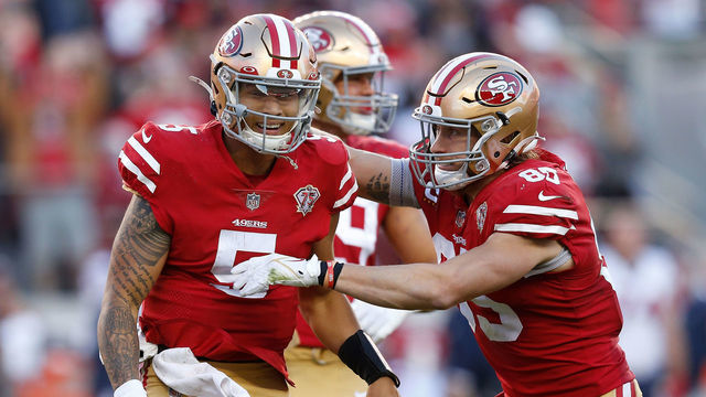 SANTA CLARA, CALIFORNIA - JANUARY 02: Trey Lance #5 of the San Francisco 49ers celebrates after throwing a touchdown in the fourth quarter against the Houston Texans at Levi's Stadium on January 02, 2022 in Santa Clara, California.