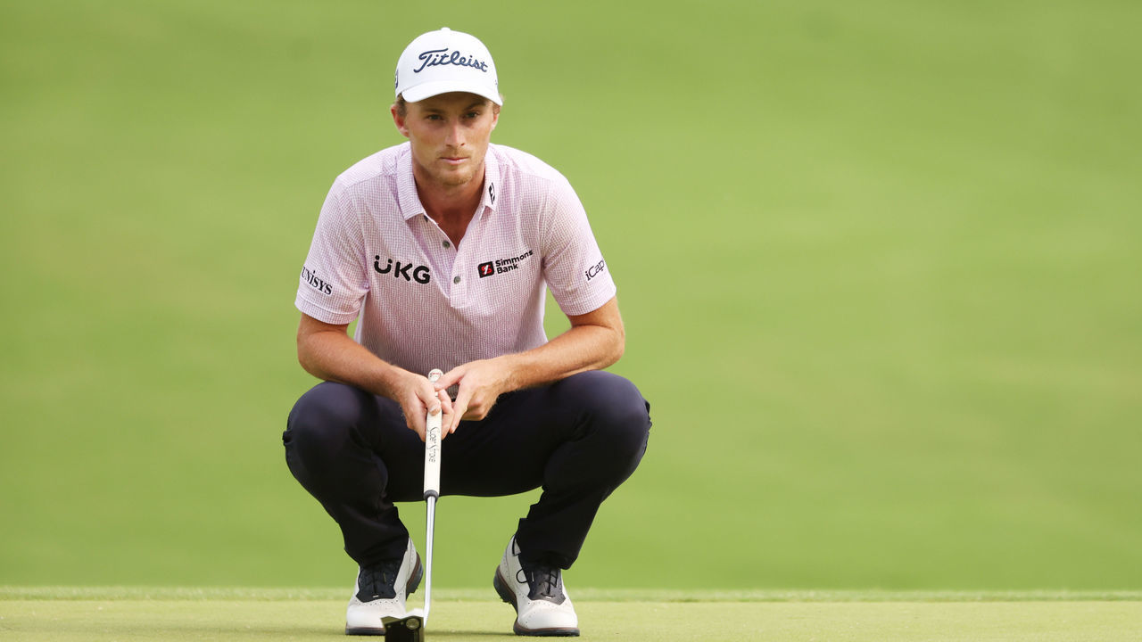 TULSA, OKLAHOMA - MAY 20: Will Zalatoris of the United States lines up a putt on the 16th green during the second round of the 2022 PGA Championship at Southern Hills Country Club on May 20, 2022 in Tulsa, Oklahoma.