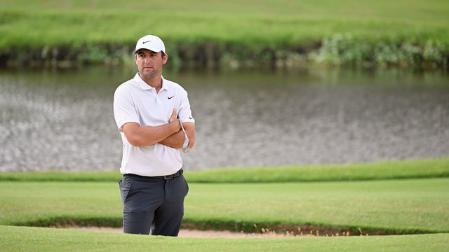 TULSA, OKLAHOMA - MAY 20: Scottie Scheffler of the United States reacts after his bunker shot on the 13th hole during the second round of the 2022 PGA Championship at Southern Hills Country Club on May 20, 2022 in Tulsa, Oklahoma.