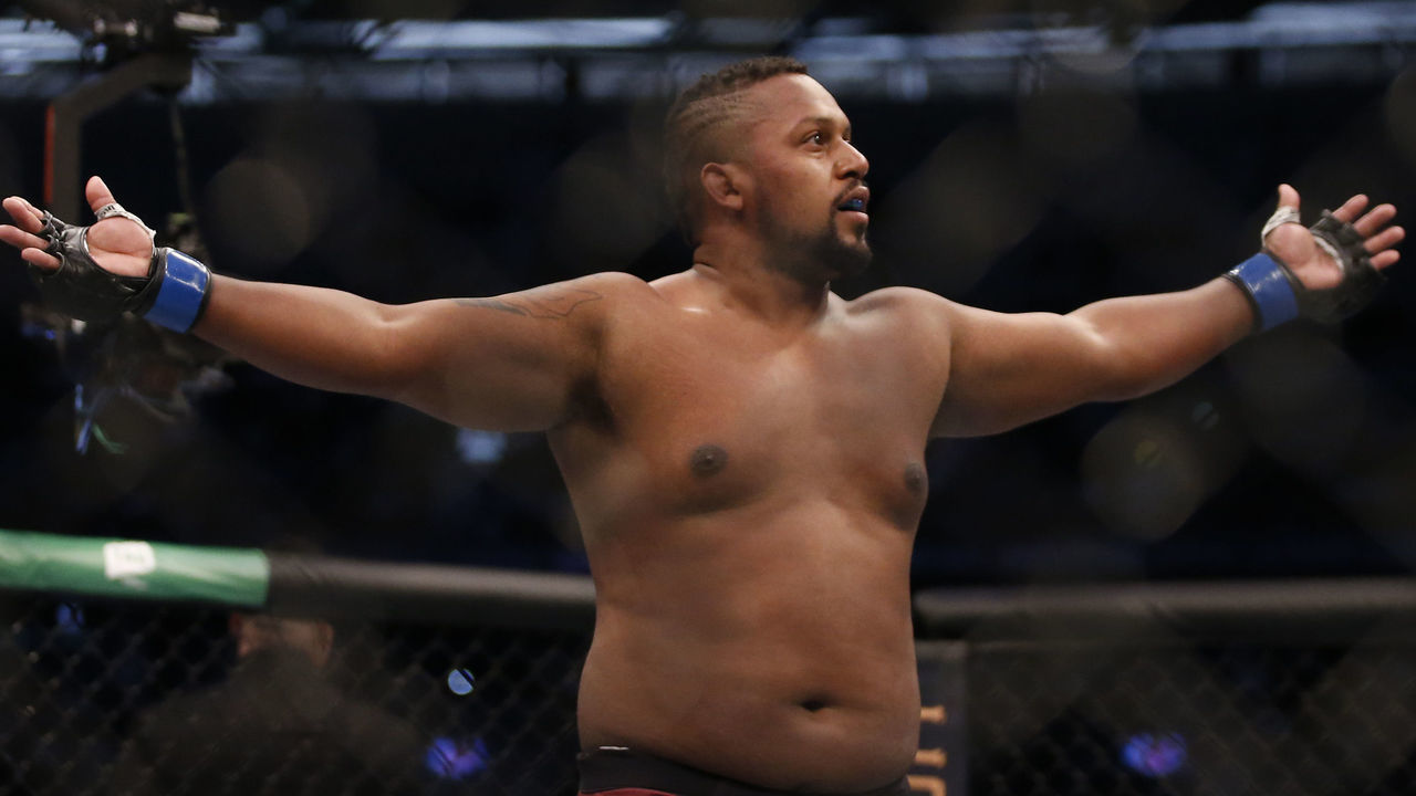 MELBOURNE, AUSTRALIA - OCTOBER 06: Yorgan De Castro of Cape Verde celebrates his win over Justin Tafa of New Zealand in their Heavyweight bout during UFC 243 at Marvel Stadium on October 06, 2019 in Melbourne, Australia.