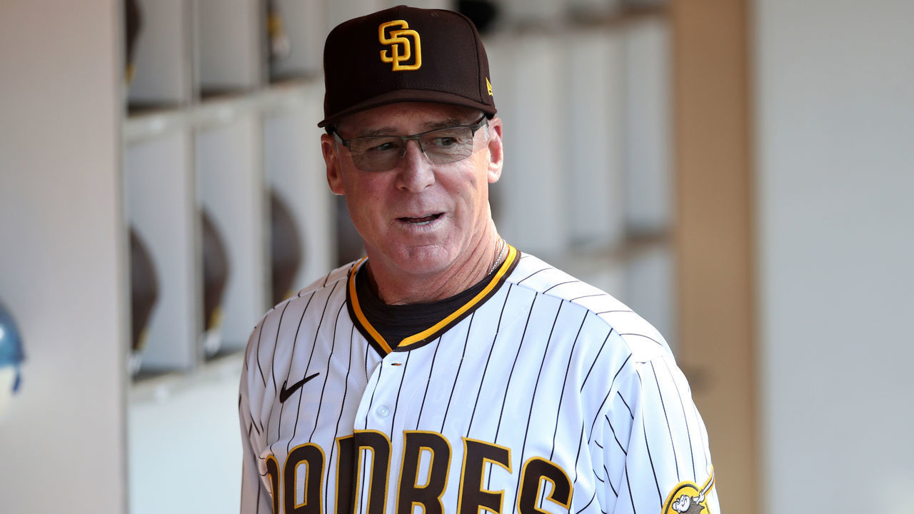 SAN DIEGO, CA - APRIL 14: Manager Bob Melvin #3 of the San Diego Padres looks on before the game between the Atlanta Braves and the San Diego Padres at Petco Park on Thursday, April 14, 2022 in San Diego, California.