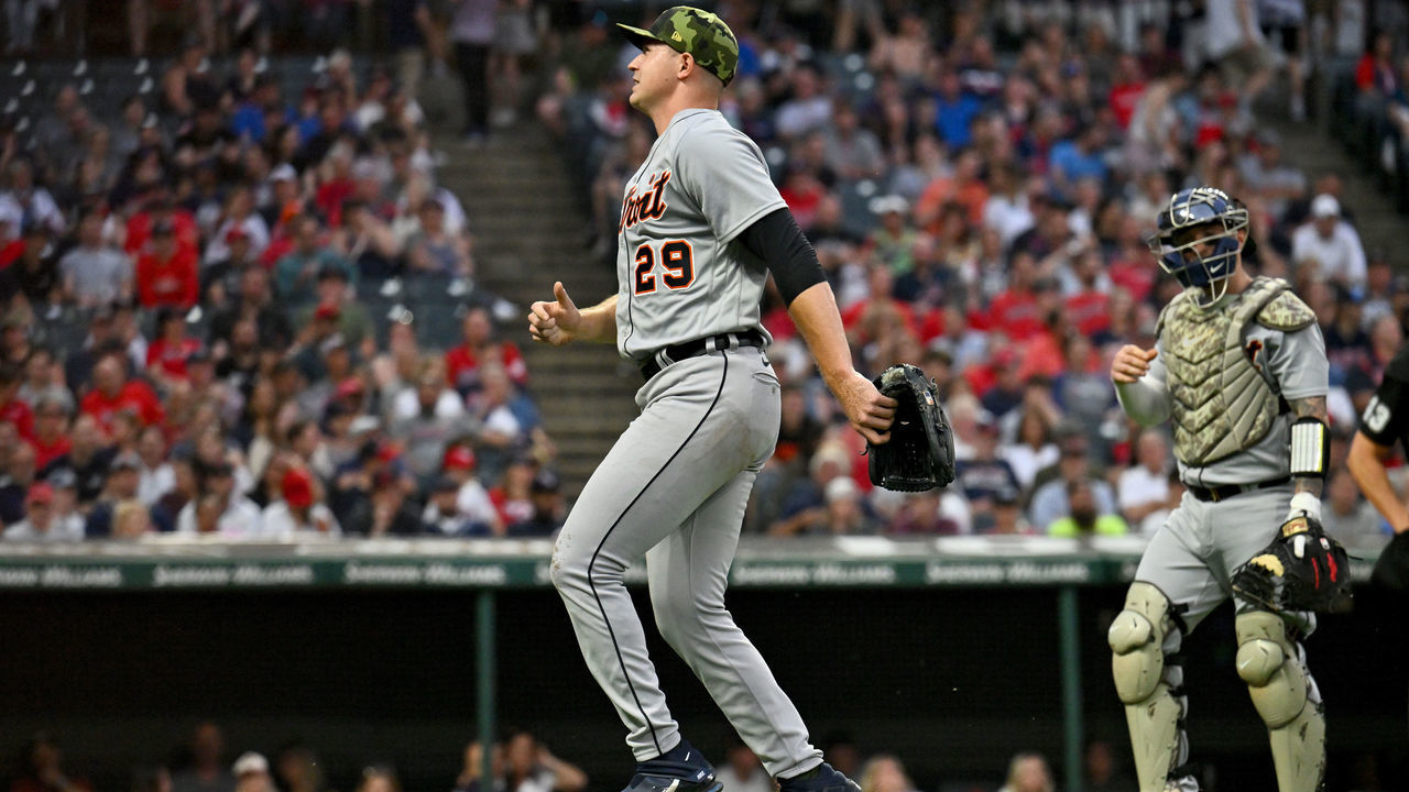 CLEVELAND, OHIO - MAY 20: Starting pitcher Tarik Skubal #29 of the Detroit Tigers limps off the field after being hit by a line drive off the bat of Ernie Clement #28 of the Cleveland Guardians during the fifth inning at Progressive Field on May 20, 2022 in Cleveland, Ohio.