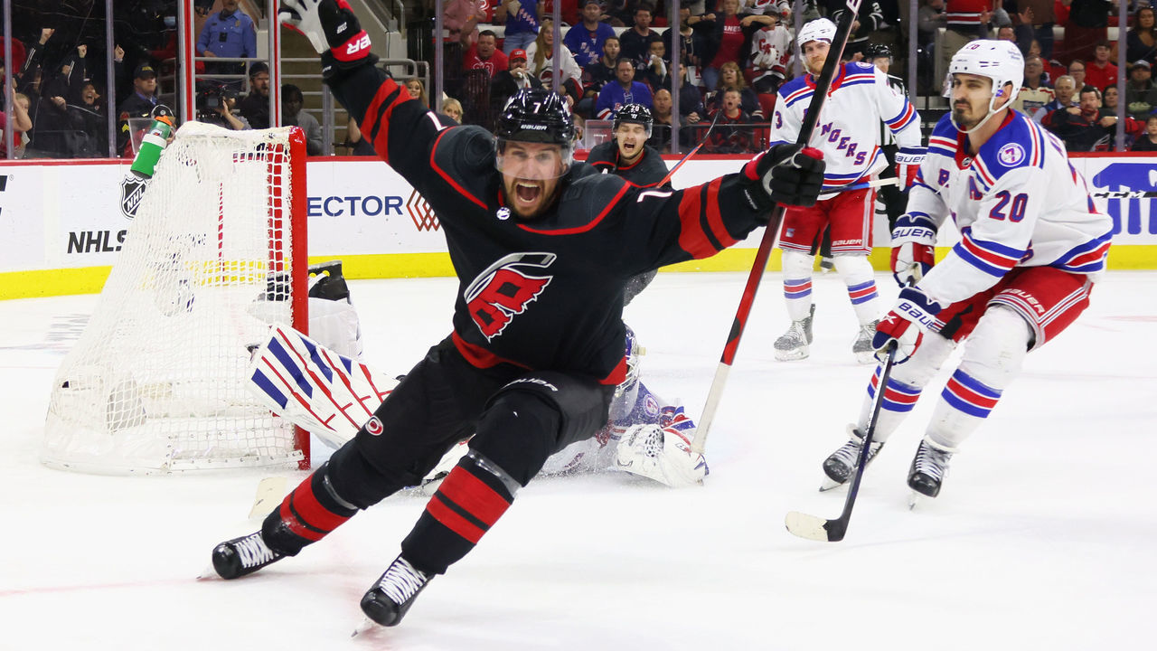 RALEIGH, NORTH CAROLINA - MAY 20: Brendan Smith #7 of the Carolina Hurricanes scores a shorthanded goal at 15:54 of the second period against the New York Rangers in Game Two of the Second Round of the 2022 Stanley Cup Playoffs at PNC Arena on May 20, 2022 in Raleigh, North Carolina.