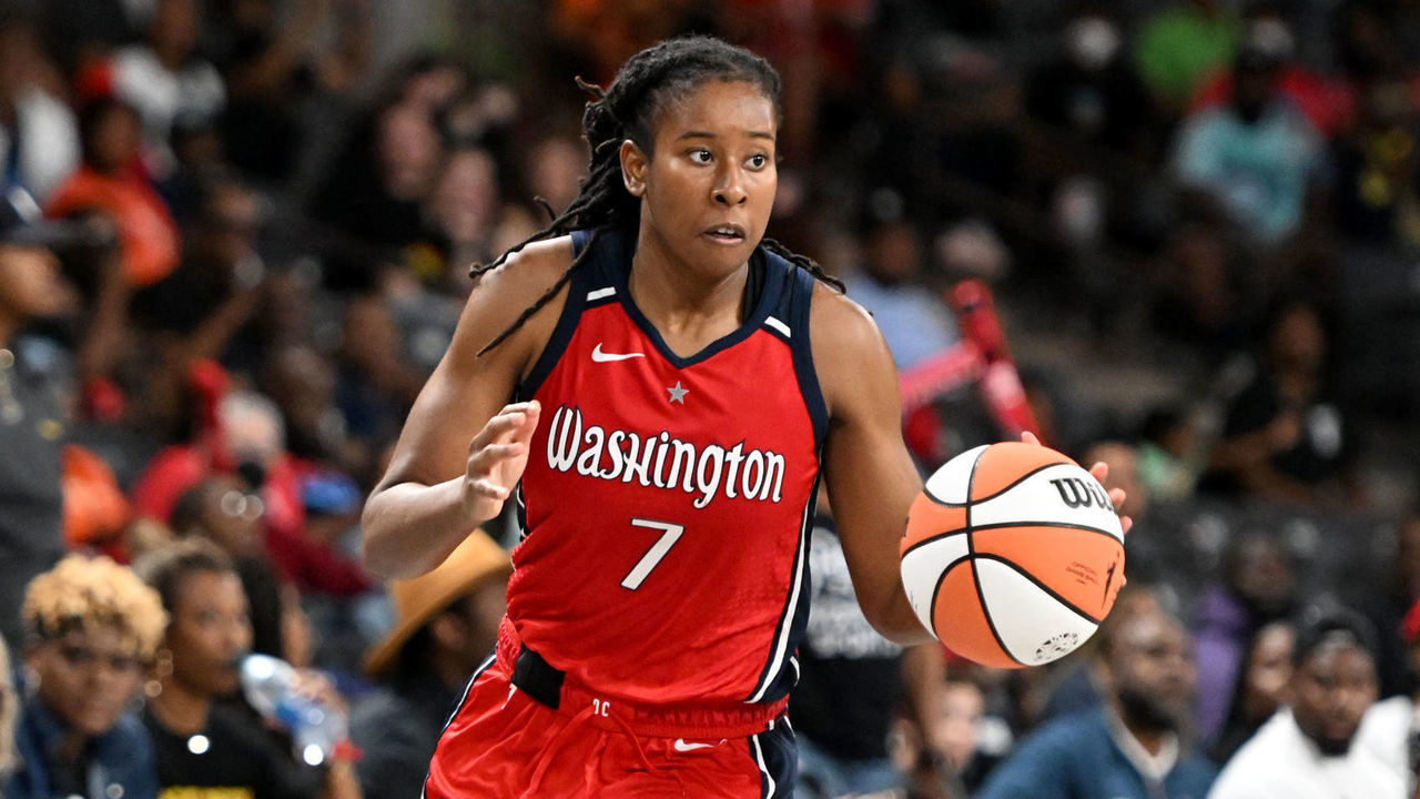 ATLANTA, GA - MAY 20: Ariel Atkins #7 of the Washington Mystics handles the ball during the game against the Atlanta Dream on May 20, 2022 at Gateway Center Arena in Atlanta, Georgia. NOTE TO USER: User expressly acknowledges and agrees that, by downloading and/or using this Photograph, user is consenting to the terms and conditions of the Getty Images License Agreement. Mandatory Copyright Notice: Copyright 2022 NBAE