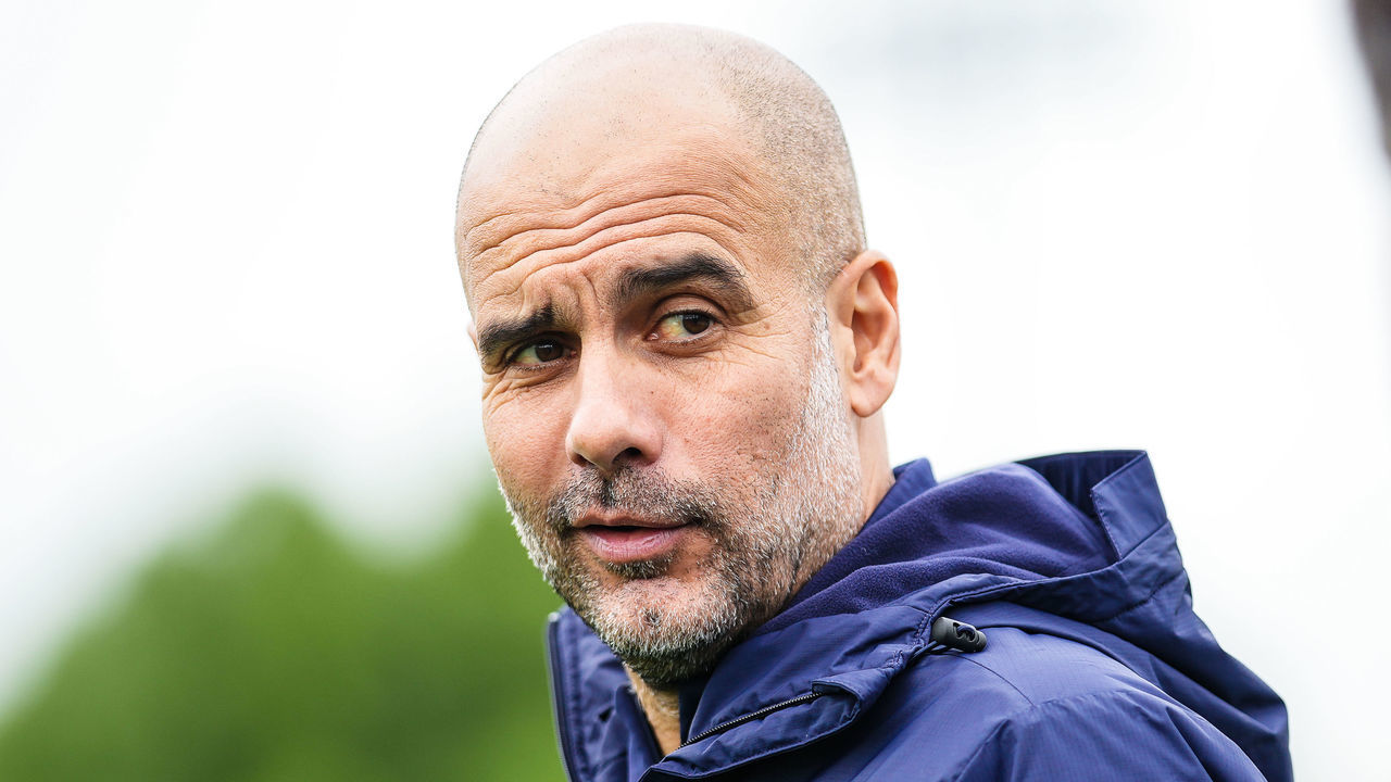 MANCHESTER, ENGLAND - MAY 19: Manchester City's Pep Guardiola looks on during training at Manchester City Football Academy on May 19, 2022 in Manchester, England.