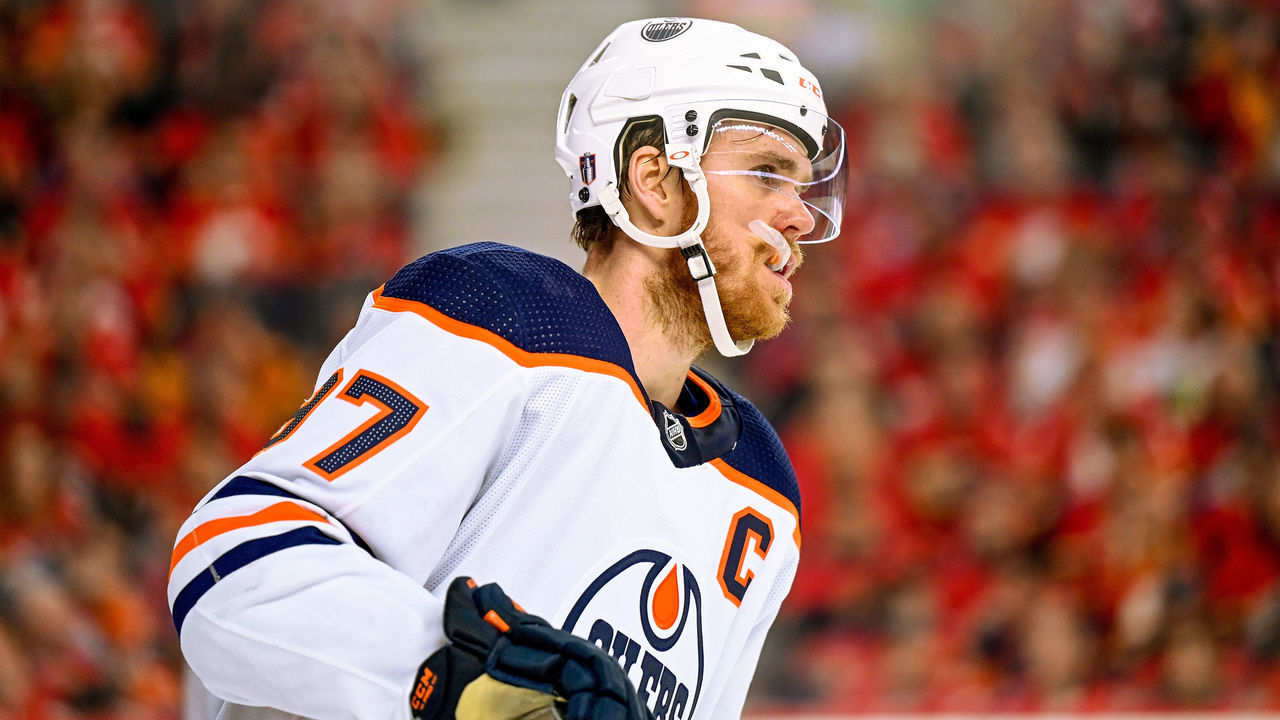 CALGARY, AB - MAY 20: Edmonton Oilers Center Connor McDavid (97) looks on during the third period of game 2 of the second round of the NHL Stanley Cup Playoffs between the Calgary Flames and the Edmonton Oilers on May 20, 2022, at the Scotiabank Saddledome in Calgary, AB.