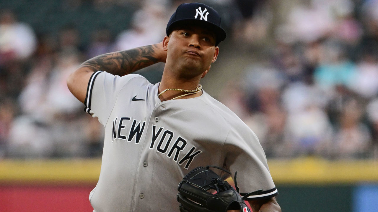 CHICAGO, ILLINOIS - MAY 12: Starting pitcher Luis Gil #81 of the New York Yankees delivers the baseball in the first inning against the Chicago White Sox at Guaranteed Rate Field on May 12, 2022 in Chicago, Illinois.
