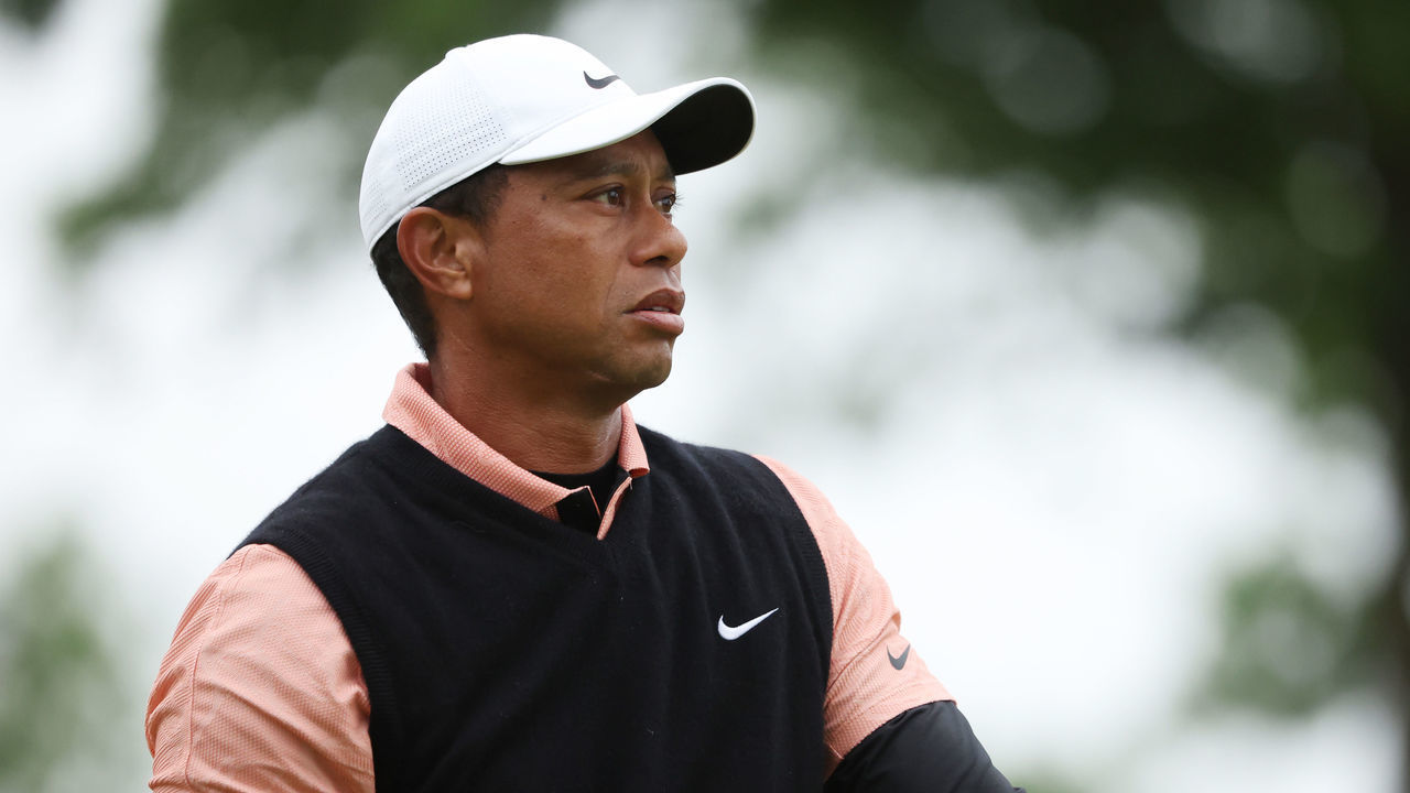 TULSA, OKLAHOMA - MAY 21: Tiger Woods of the United States reacts to his tee shot on the second hoel during the third round of the 2022 PGA Championship at Southern Hills Country Club on May 21, 2022 in Tulsa, Oklahoma.