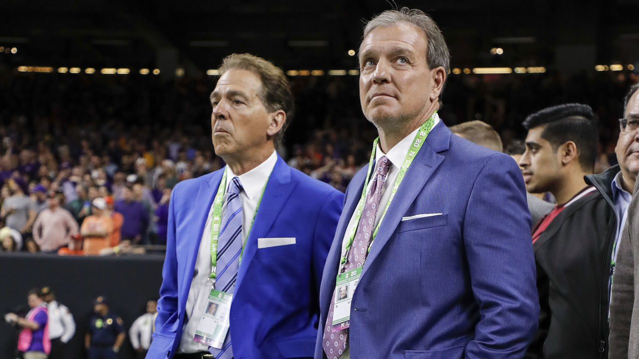 NEW ORLEANS, LA - JANUARY 13: Head Coach Nick Saban of the Alabama Crimson Tide and Head Coach Jimbo Fisher of the Texas A&M Aggies on the sidelines talking during of the College Football Playoff National Championship game with the LSU Tigers playing against the Clemson Tigers at the Mercedes-Benz Superdome on January 13, 2020 in New Orleans, Louisiana. LSU defeated Clemson 42 to 25.