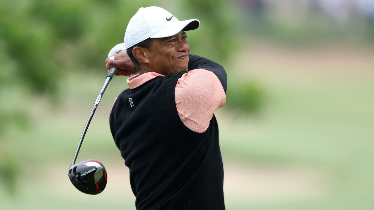 TULSA, OKLAHOMA - MAY 21: Tiger Woods of the United States plays his shot from the 13th tee during the third round of the 2022 PGA Championship at Southern Hills Country Club on May 21, 2022 in Tulsa, Oklahoma.