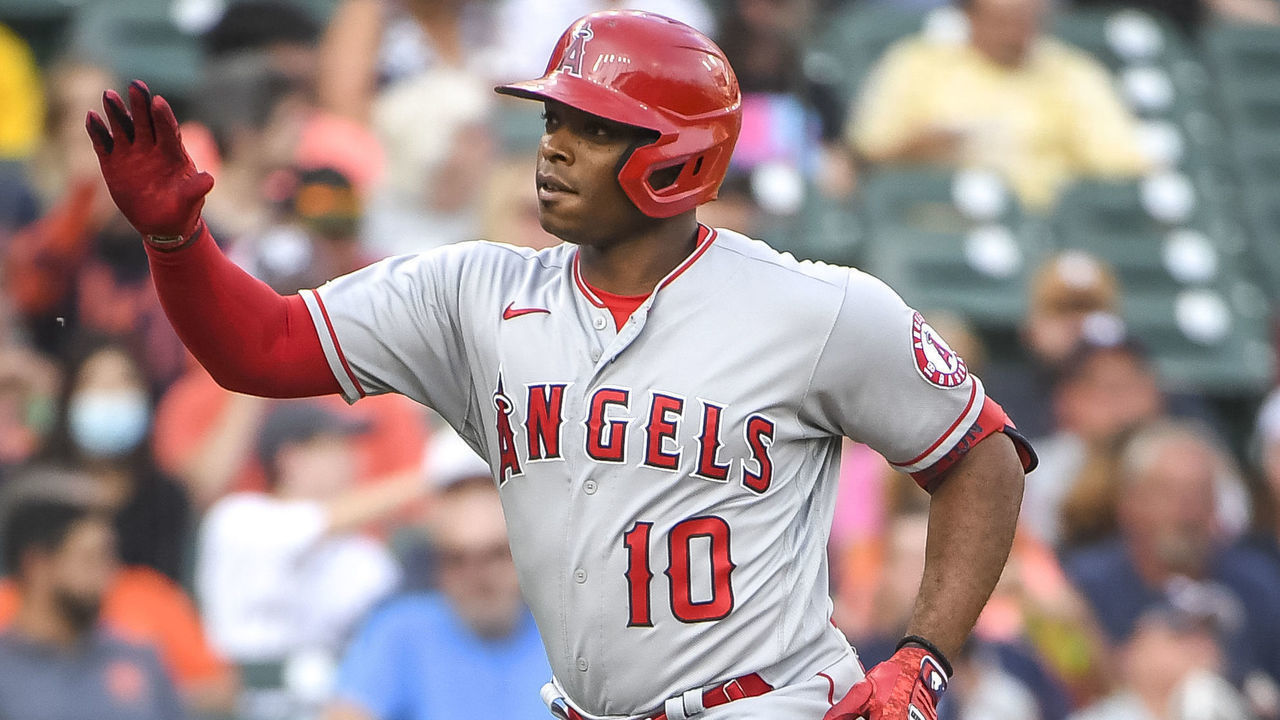 DETROIT, MICHIGAN - AUGUST 18: Justin Upton #10 of the Los Angeles Angels celebrates after a homer on a fly ball to left center field against the Detroit Tigers during the top of the first inning at Comerica Park on August 18, 2021 in Detroit, Michigan.