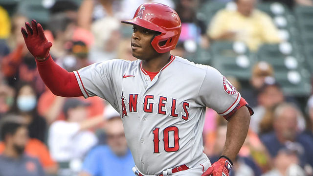 DETROIT, MICHIGAN - AUGUST 18: Justin Upton #10 of the Los Angeles Angels celebrates after a homer on a fly ball to left center field against the Detroit Tigers during the top of the first inning at Comerica Park on August 18, 2021 in Detroit, Michigan.