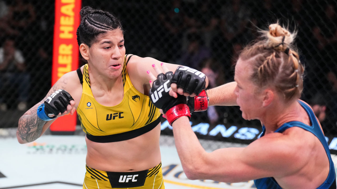 LAS VEGAS, NEVADA - MAY 21: (L-R) Ketlen Vieira of Brazil punches Holly Holm in a bantamweight bout during the UFC Fight Night event at UFC APEX on May 21, 2022 in Las Vegas, Nevada.