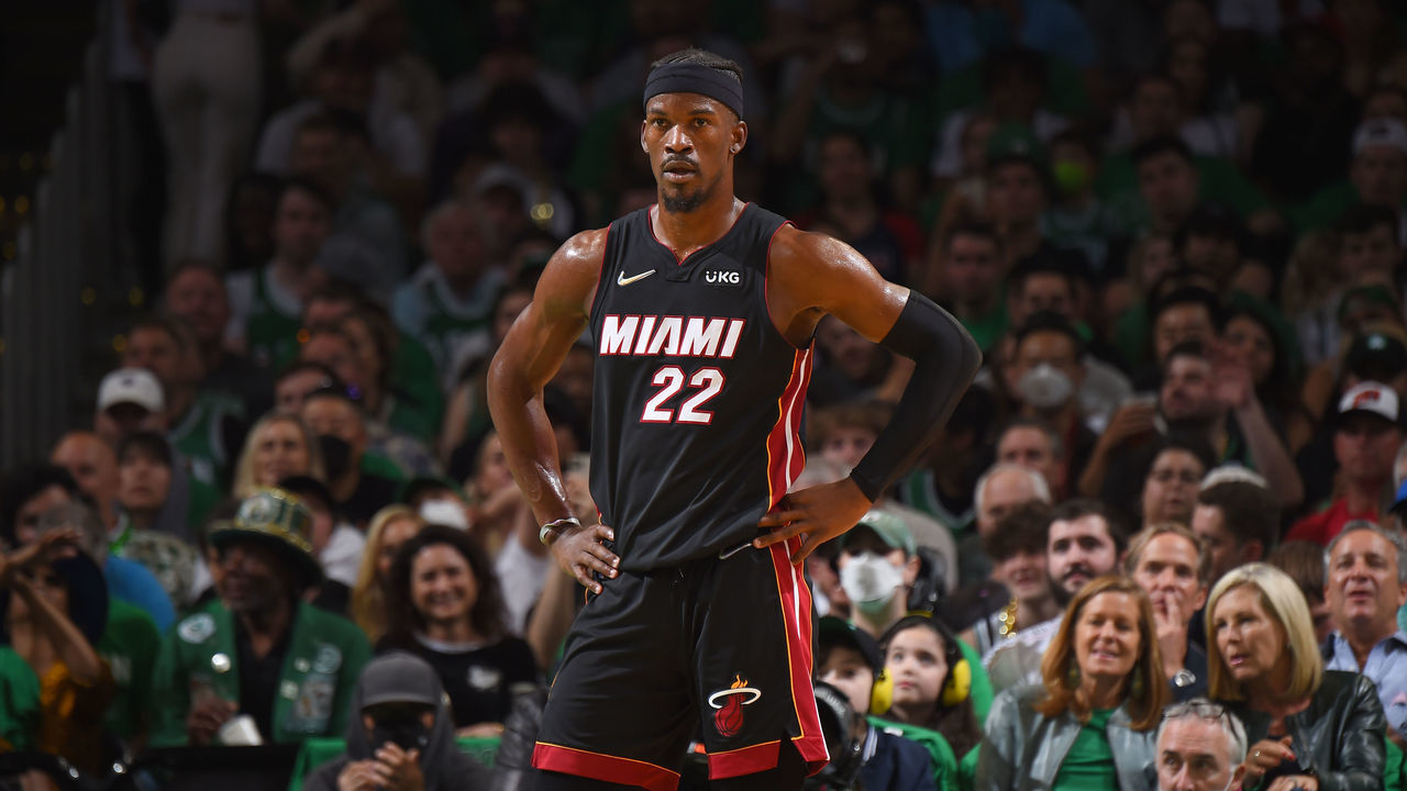 BOSTON, MA - MAY 21: Jimmy Butler #22 of the Miami Heat looks on during Game 3 of the 2022 NBA Playoffs Eastern Conference Finals on May 21, 2022 at the TD Garden in Boston, Massachusetts. Mandatory Copyright Notice: Copyright 2022 NBAE
