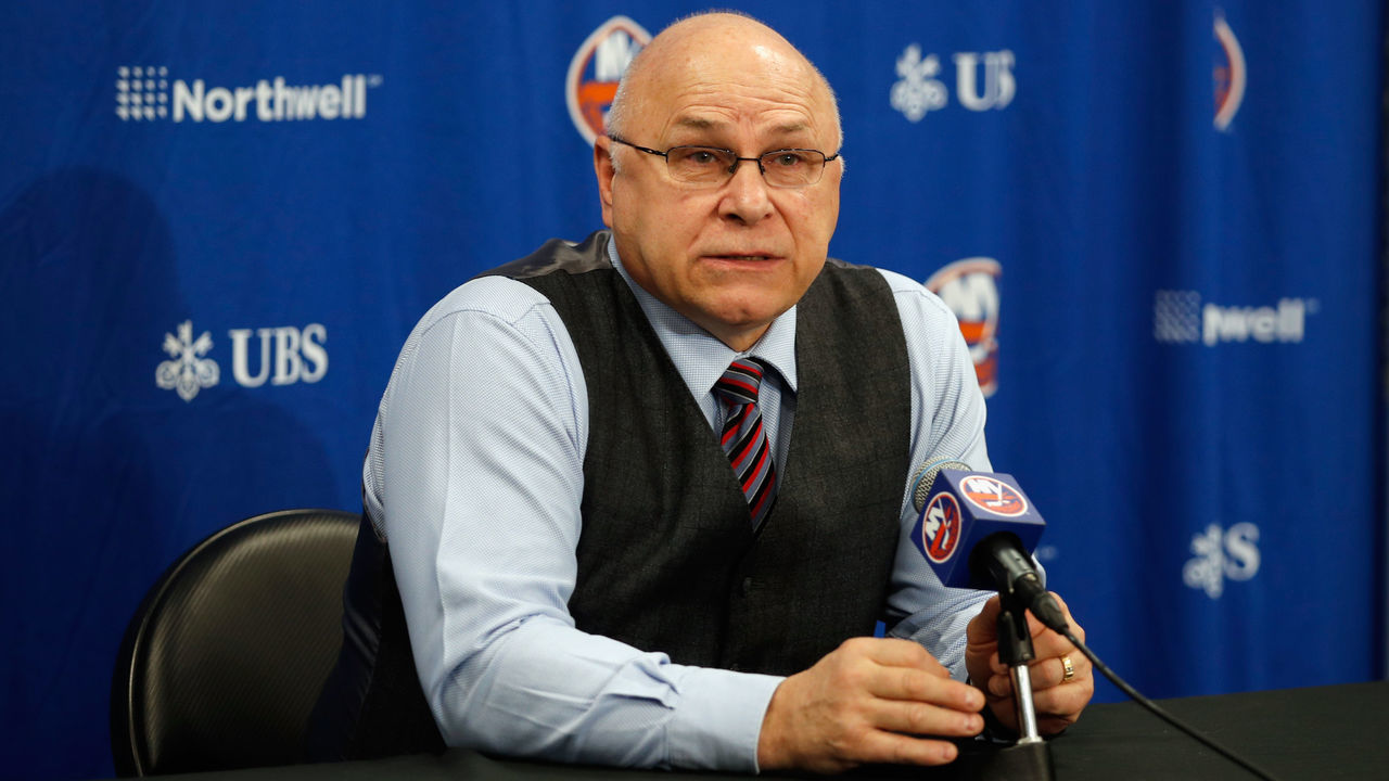 ELMONT, NEW YORK - MARCH 03: Head coach Barry Trotz of the New York Islanders speaks with the media prior to the game against the Vancouver Canucks at the UBS Arena on March 03, 2022 in Elmont, New York.