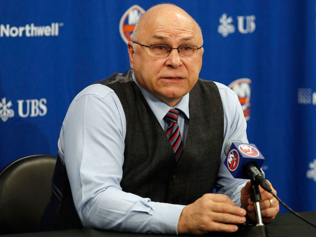 ELMONT, NEW YORK - MARCH 03: Head coach Barry Trotz of the New York Islanders speaks with the media prior to the game against the Vancouver Canucks at the UBS Arena on March 03, 2022 in Elmont, New York.
