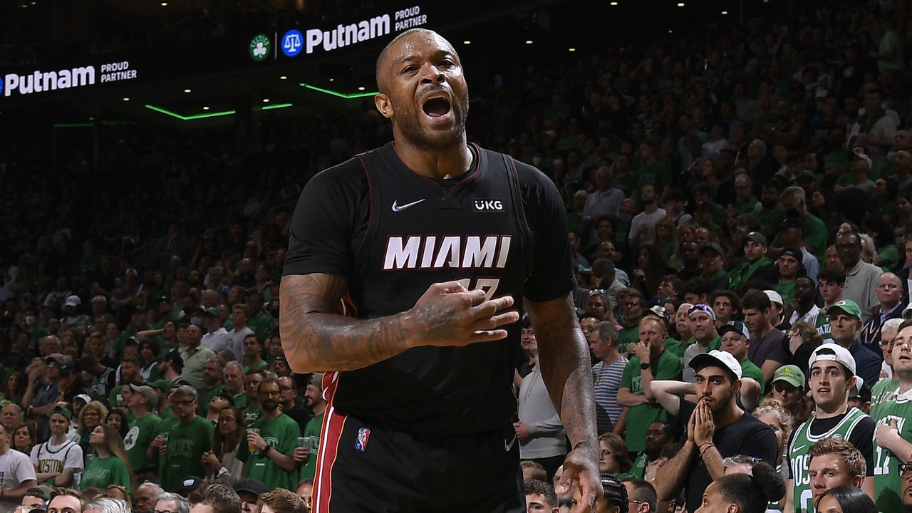 BOSTON, MA - MAY 21: P.J. Tucker #17 of the Miami Heat celebrates during Game 3 of the 2022 NBA Playoffs Eastern Conference Finals on May 21, 2022 at the TD Garden in Boston, Massachusetts. Mandatory Copyright Notice: Copyright 2022 NBAE