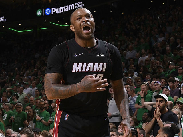 BOSTON, MA - MAY 21: P.J. Tucker #17 of the Miami Heat celebrates during Game 3 of the 2022 NBA Playoffs Eastern Conference Finals on May 21, 2022 at the TD Garden in Boston, Massachusetts. Mandatory Copyright Notice: Copyright 2022 NBAE
