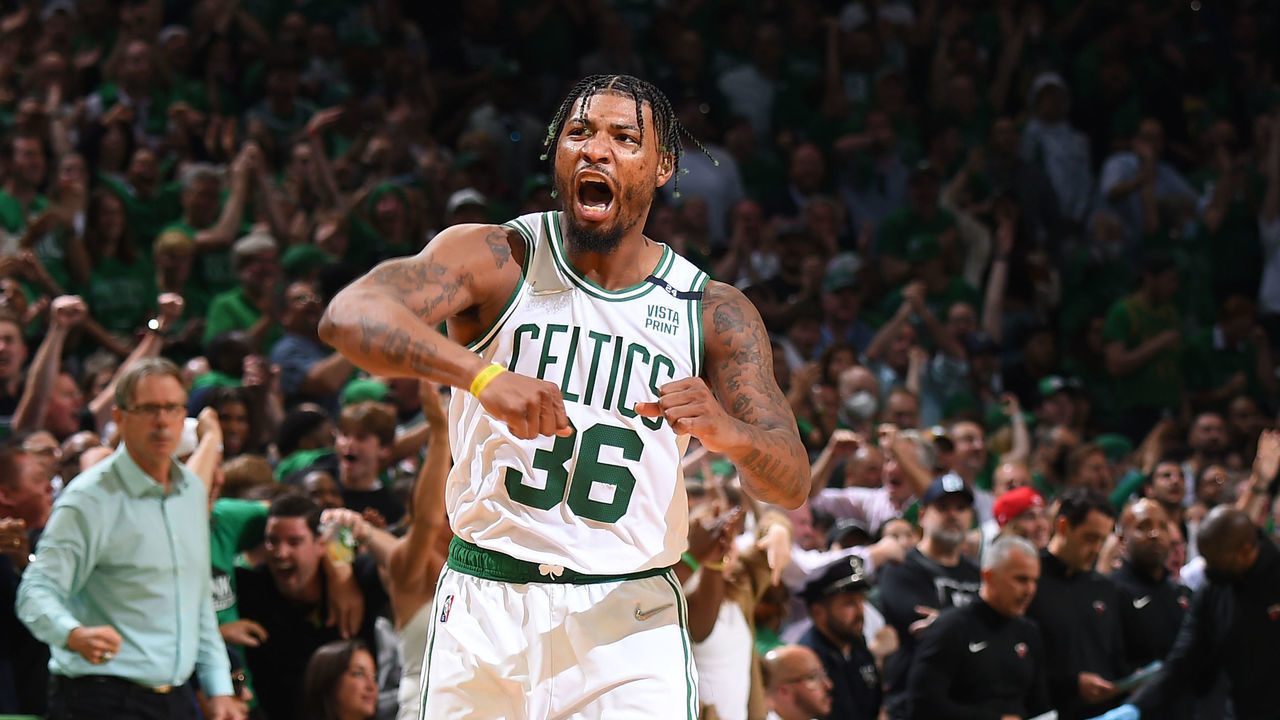 BOSTON, MA - MAY 21: Marcus Smart #36 of the Boston Celtics celebrates during Game 3 of the 2022 NBA Playoffs Eastern Conference Finals on May 21, 2022 at the TD Garden in Boston, Massachusetts. Mandatory Copyright Notice: Copyright 2022 NBAE