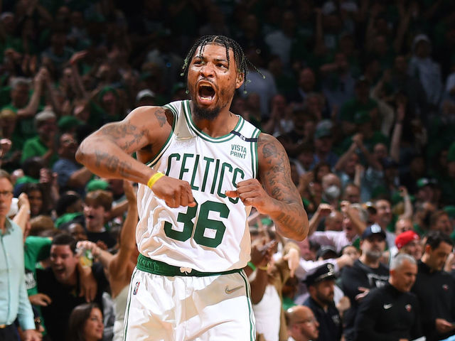 BOSTON, MA - MAY 21: Marcus Smart #36 of the Boston Celtics celebrates during Game 3 of the 2022 NBA Playoffs Eastern Conference Finals on May 21, 2022 at the TD Garden in Boston, Massachusetts. Mandatory Copyright Notice: Copyright 2022 NBAE