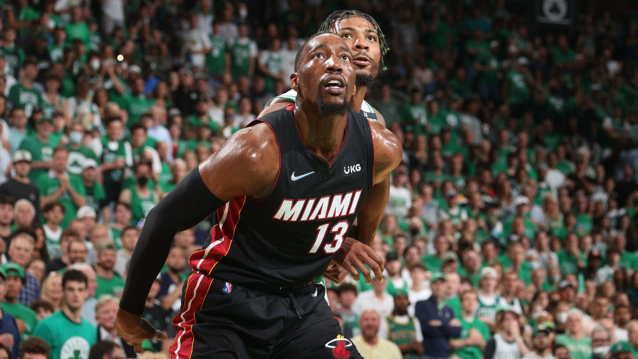 BOSTON, MA - MAY 21: Bam Adebayo #13 of the Miami Heat and Marcus Smart #36 of the Boston Celtics look for the rebound during Game 3 of the 2022 NBA Playoffs Eastern Conference Finals on May 21, 2022 at the TD Garden in Boston, Massachusetts. Mandatory Copyright Notice: Copyright 2022 NBAE