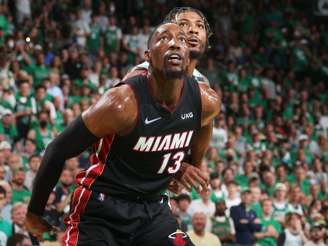 BOSTON, MA - MAY 21: Bam Adebayo #13 of the Miami Heat and Marcus Smart #36 of the Boston Celtics look for the rebound during Game 3 of the 2022 NBA Playoffs Eastern Conference Finals on May 21, 2022 at the TD Garden in Boston, Massachusetts. Mandatory Copyright Notice: Copyright 2022 NBAE