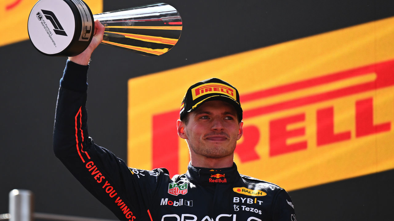 BARCELONA, SPAIN - MAY 22: Race winner Max Verstappen of the Netherlands and Oracle Red Bull Racing celebrates on the podium during the F1 Grand Prix of Spain at Circuit de Barcelona-Catalunya on May 22, 2022 in Barcelona, Spain.