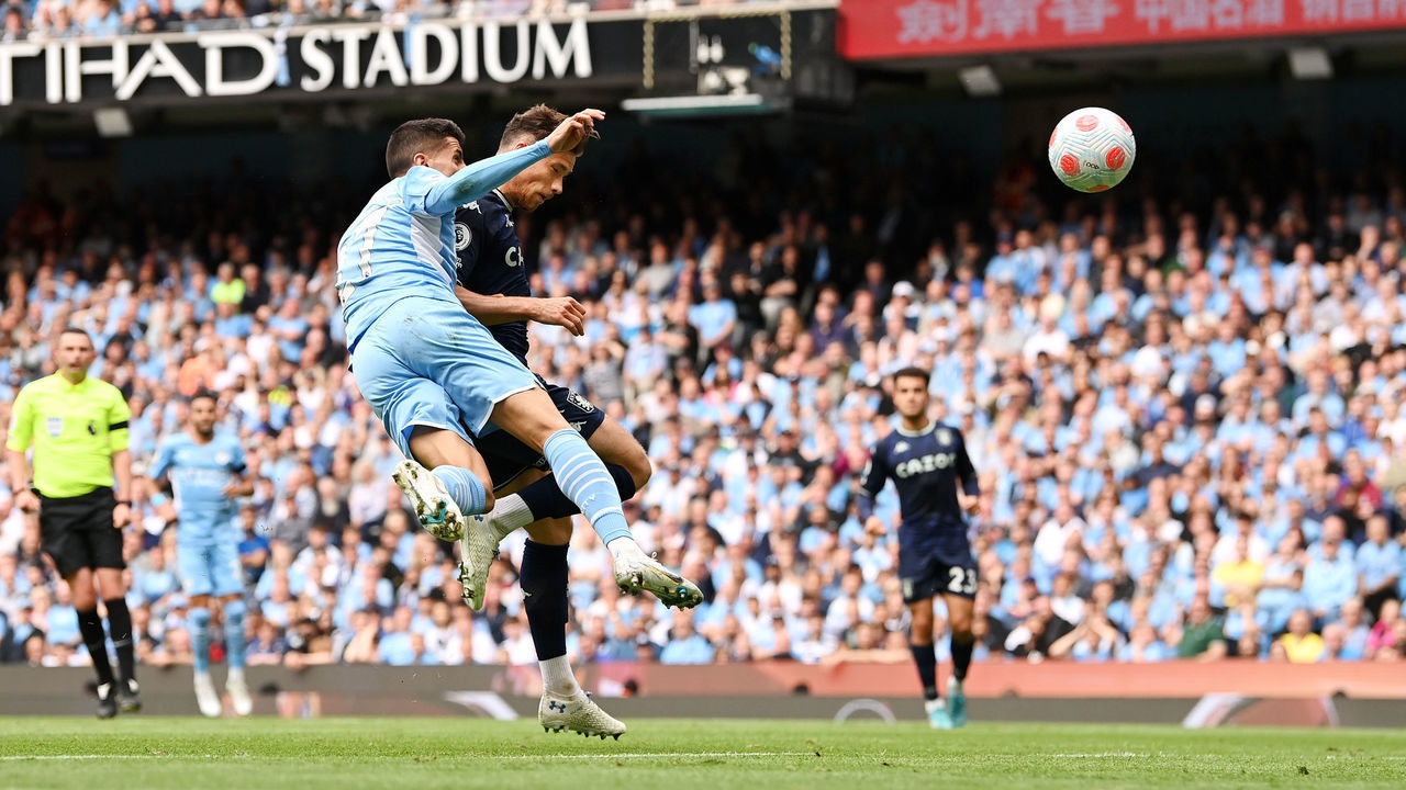 MANCHESTER, ENGLAND - MAY 22: Matty Cash of Aston Villa scores their team's first goal during the Premier League match between Manchester City and Aston Villa at Etihad Stadium on May 22, 2022 in Manchester, England.