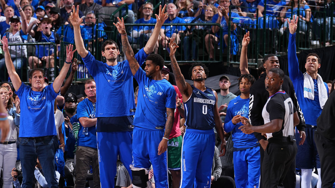DALLAS, TX - MAY 8: Owner, Mark Cuban celebrates with the Dallas Mavericks bench during Game 4 of the 2022 NBA Playoffs Western Conference Semifinals on May 8, 2022 at the American Airlines Center in Dallas, Texas. Mandatory Copyright Notice: Copyright 2022 NBAE