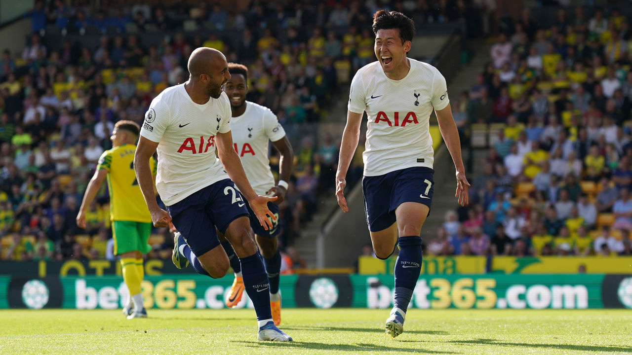 Tottenham Hotspur's Son Heung-min celebrates scoring their side's fourth goal of the game during the Premier League match at Carrow Road, Norwich. Picture date: Sunday May 22, 2022.