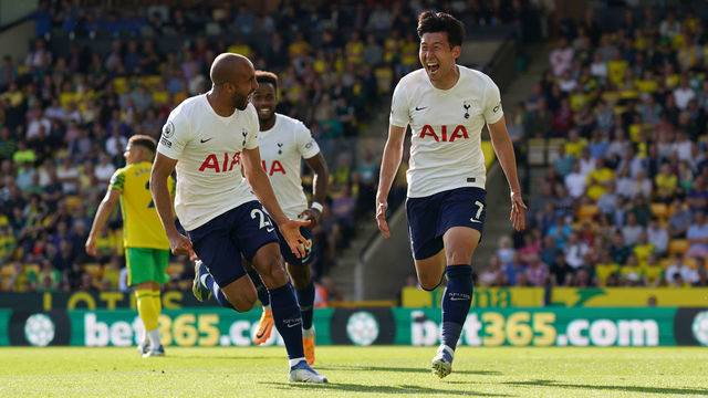 Tottenham Hotspur's Son Heung-min celebrates scoring their side's fourth goal of the game during the Premier League match at Carrow Road, Norwich. Picture date: Sunday May 22, 2022.